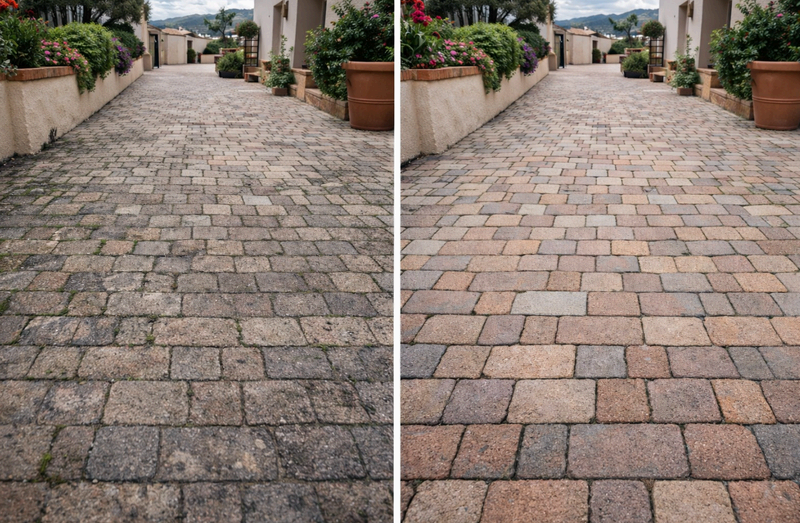 Avant apres nettoyage terrasse pavee