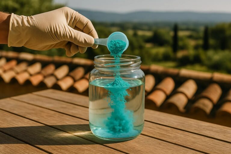 Cristaux bleu-vert de sulfate de fer verses dans un bocal d eau pour preparer un anti-mousse pour toiture en Provence