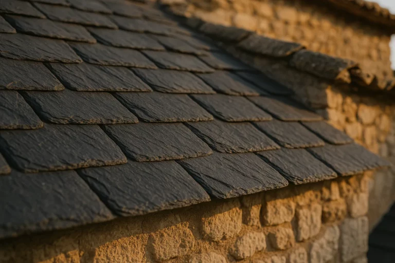 Toiture en ardoise naturelle de schiste sur maison provencale, gros plan sur la texture des ecailles