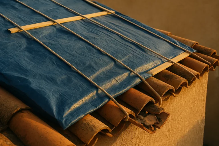 Bache bleue protectrice tendue sur une toiture en tuiles provencales apres tempete, cordes ancrees aux lattes