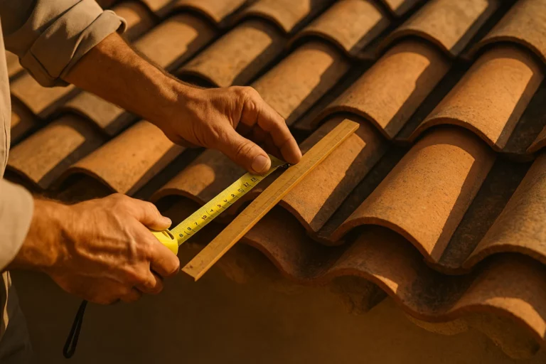 Mains de pro mesurant une toiture en tuile canal terre cuite avec metre, lumiere mediterraneenne