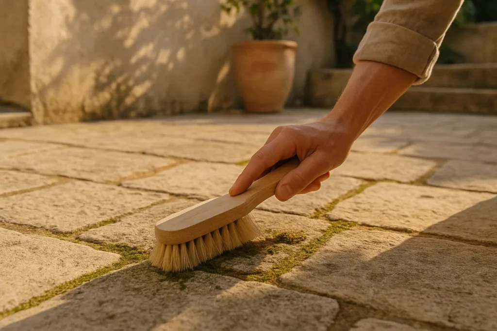 Brossage doux d'une terrasse en pierre envahie par la mousse, geste professionnel en Provence