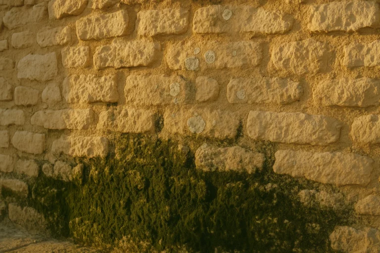 Mur extérieur en pierre méditerranéenne avec traces vertes d'algues, à nettoyer naturellement