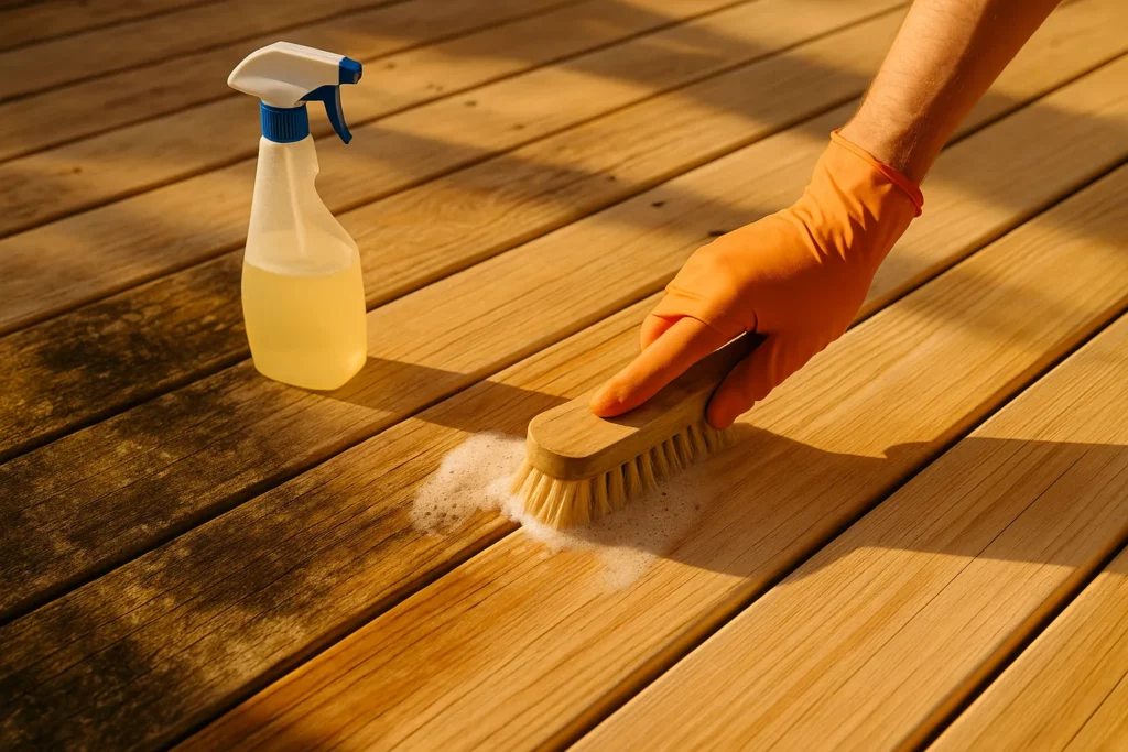 Nettoyage et traitement curatif de la moisissure sur planches en bois exposées à l'humidité