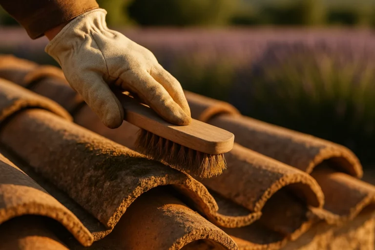 Main de professionnel brossant delicatement la mousse sur une toiture en tuile canal provencale