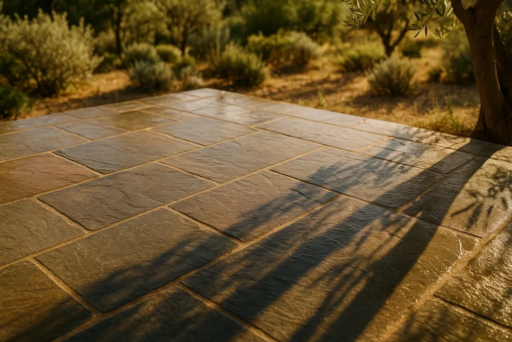 Terrasse en ardoise naturelle propre dans un jardin provençal méditerranéen, lumière chaude en fin d'après-midi