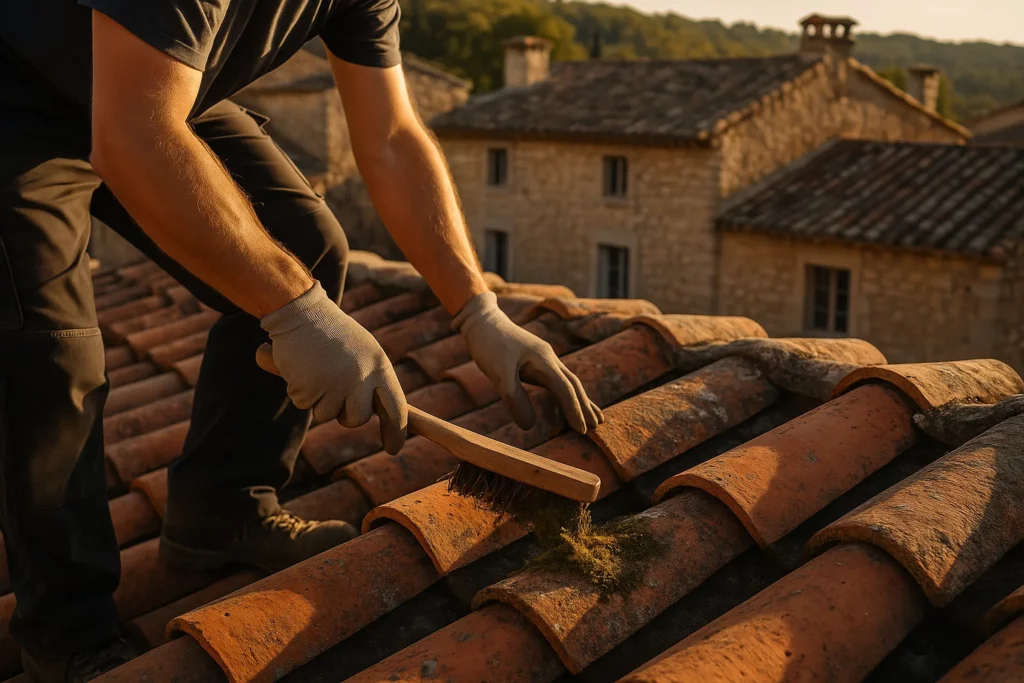 Cleaner entretenant une toiture provencale en tuiles canal terre cuite, geste de demoussage