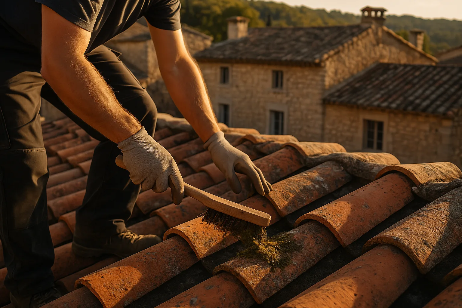 Cleaner entretenant une toiture provencale en tuiles canal terre cuite, geste de demoussage