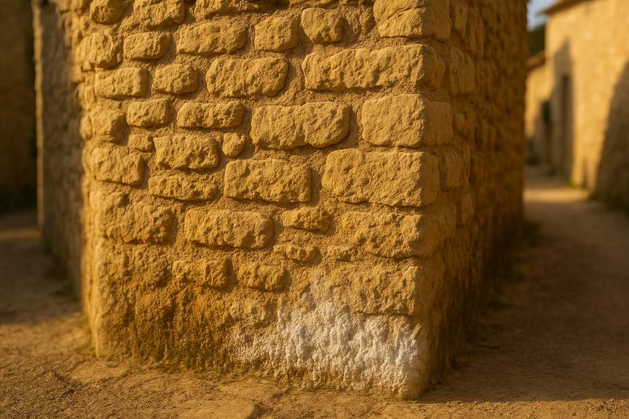 Mur exterieur en pierre provencale avec traces d'humidite et salpetre, gros plan