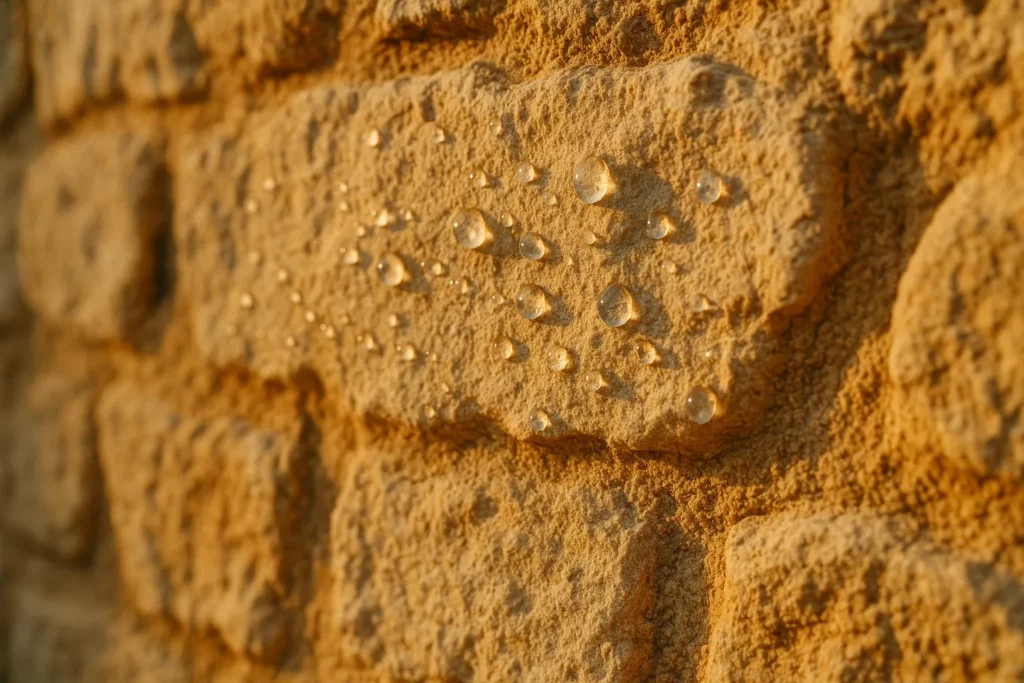 Mur en pierre calcaire méditerranéenne avec effet perlant après hydrofugation, Provence
