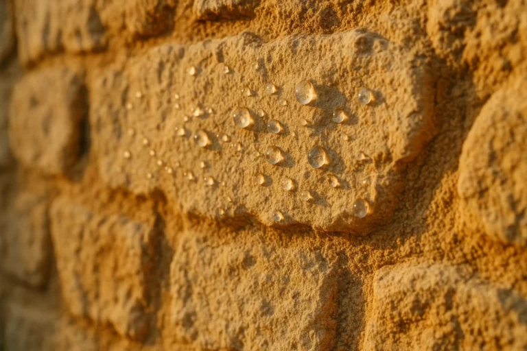 Mur en pierre calcaire méditerranéenne avec effet perlant après hydrofugation, Provence