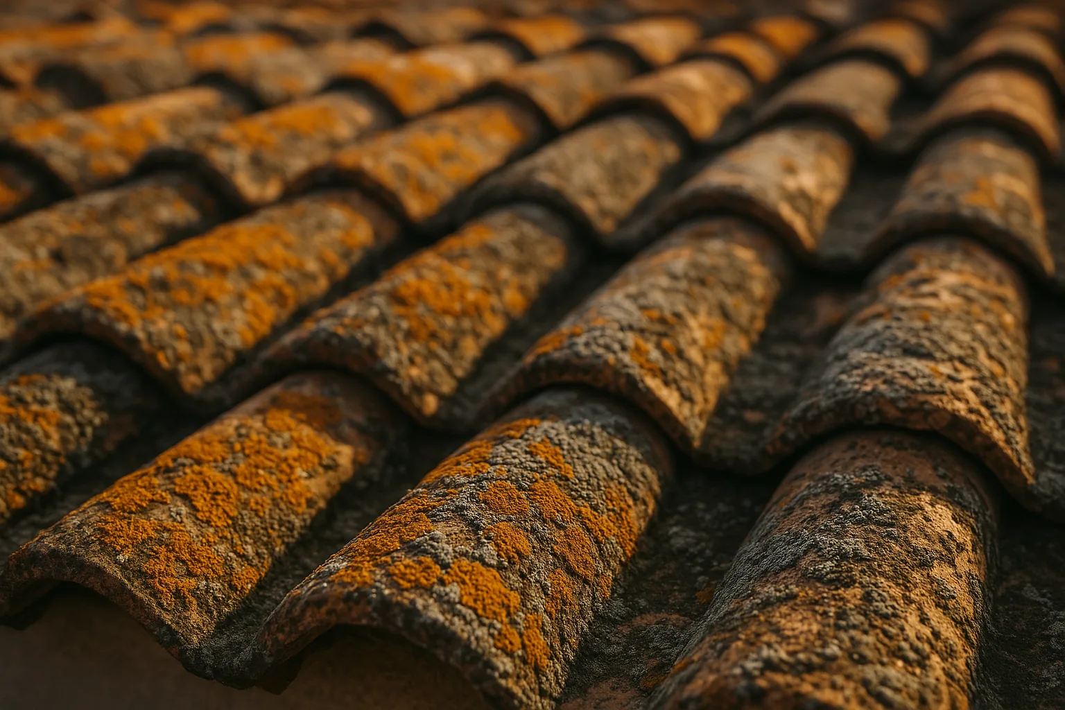 Lichens orange et gris sur tuiles de toiture méditerranéenne