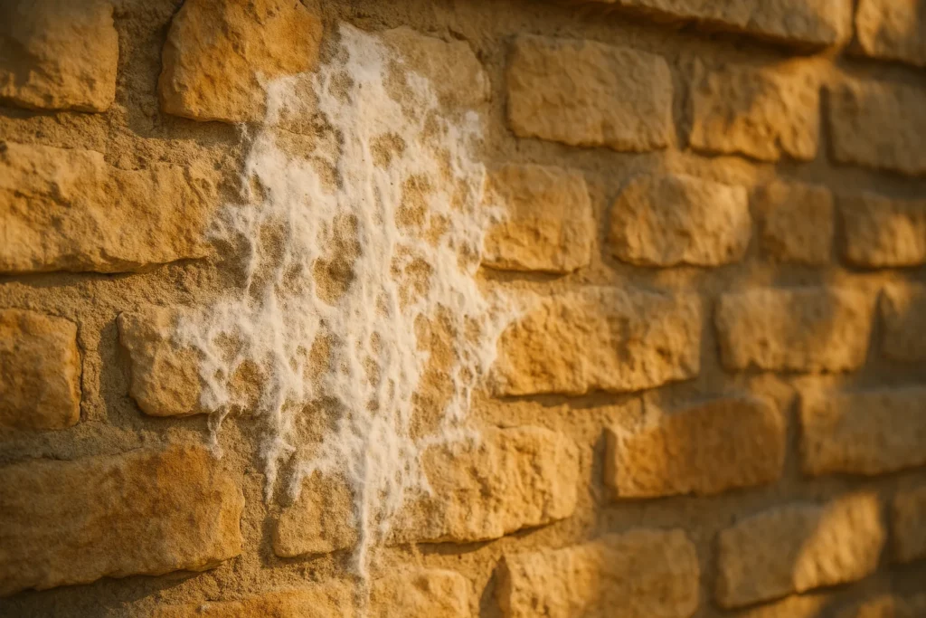 Moisissure blanche cotonneuse sur un mur en pierre d'une façade méditerranéenne