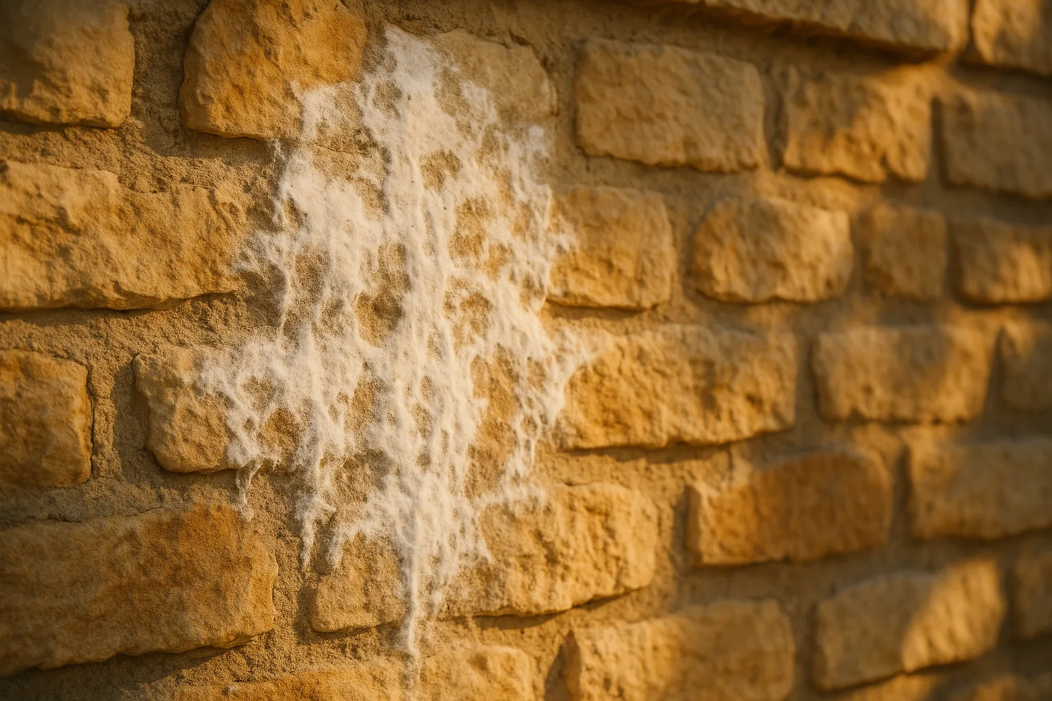 Moisissure blanche cotonneuse sur un mur en pierre d'une façade méditerranéenne