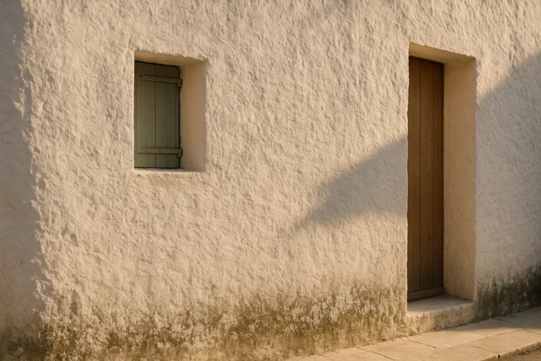 Façade méditerranéenne en pierre claire avec un dépôt blanc subtil au pied du mur