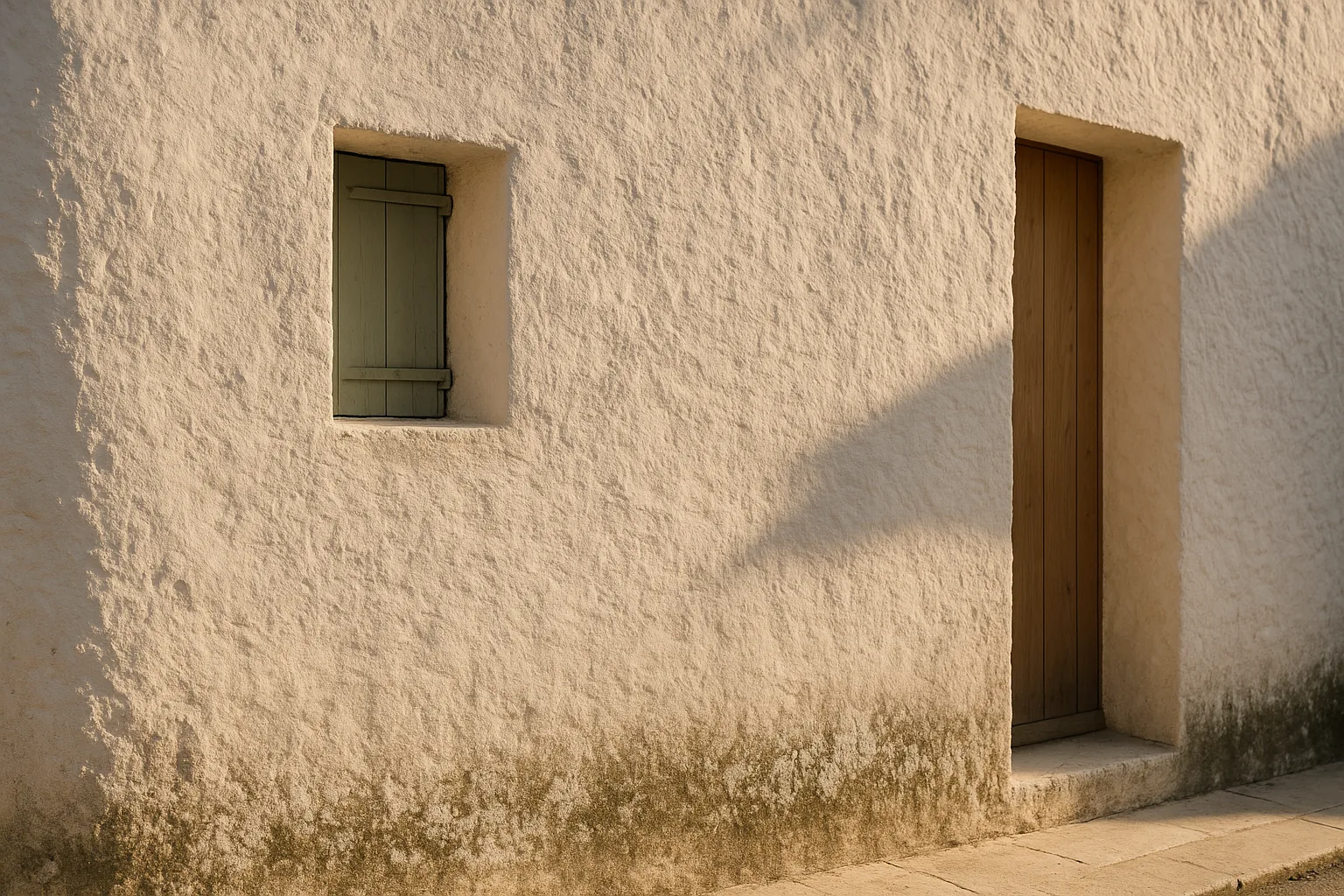 Façade méditerranéenne en pierre claire avec un dépôt blanc subtil au pied du mur