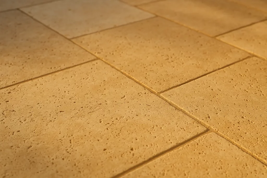 Sol terrasse en travertin beige plan serre sur la texture et les pores caracteristiques
