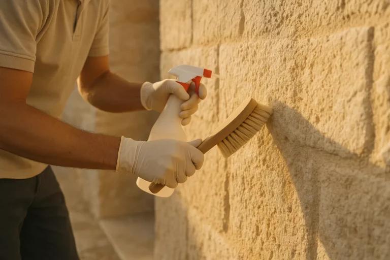 Nettoyage moisissure sur mur en pierre exterieur, plan serre sur le geste professionnel