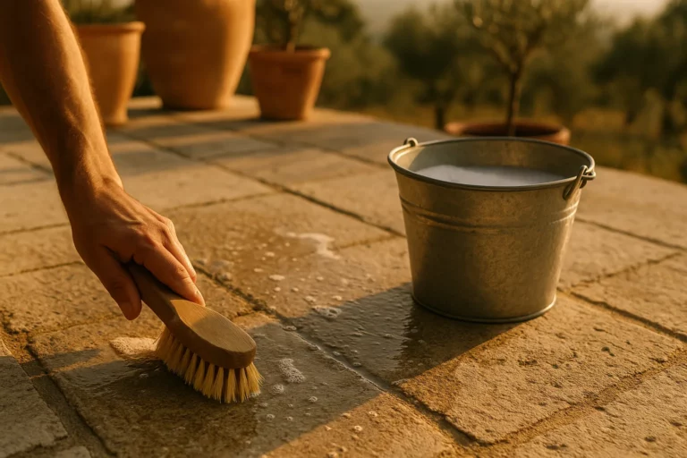 Brosse naturelle et seau d'eau savonneuse sur une terrasse en pierre en Provence