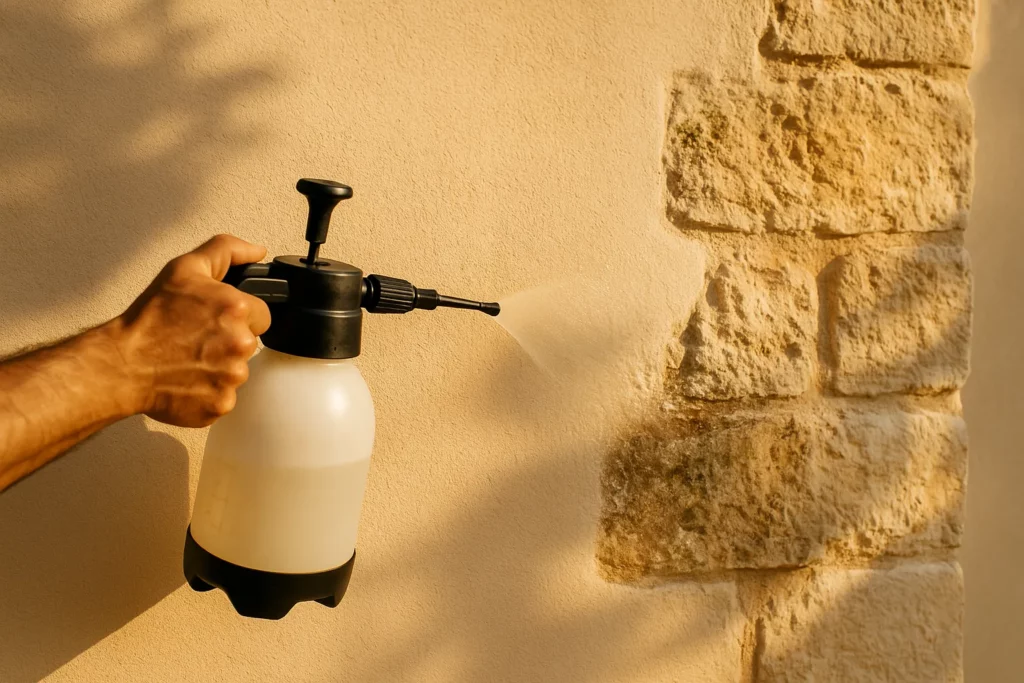 Pulvérisation d'un produit fongicide à basse pression sur façade en crépi minéral provençal