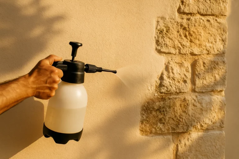 Pulvérisation d'un produit fongicide à basse pression sur façade en crépi minéral provençal