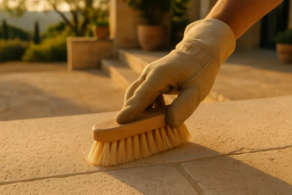 Main de professionnel nettoyant une pierre naturelle de Provence avec une brosse douce