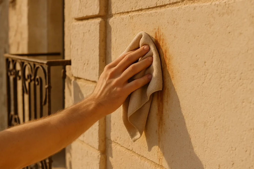 Main qui nettoie des coulures de rouille sur une façade en pierre calcaire provençale