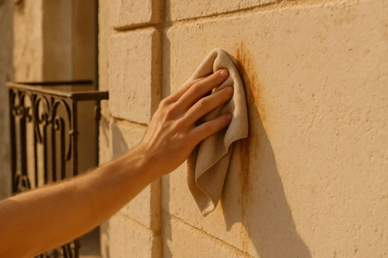 Main qui nettoie des coulures de rouille sur une façade en pierre calcaire provençale
