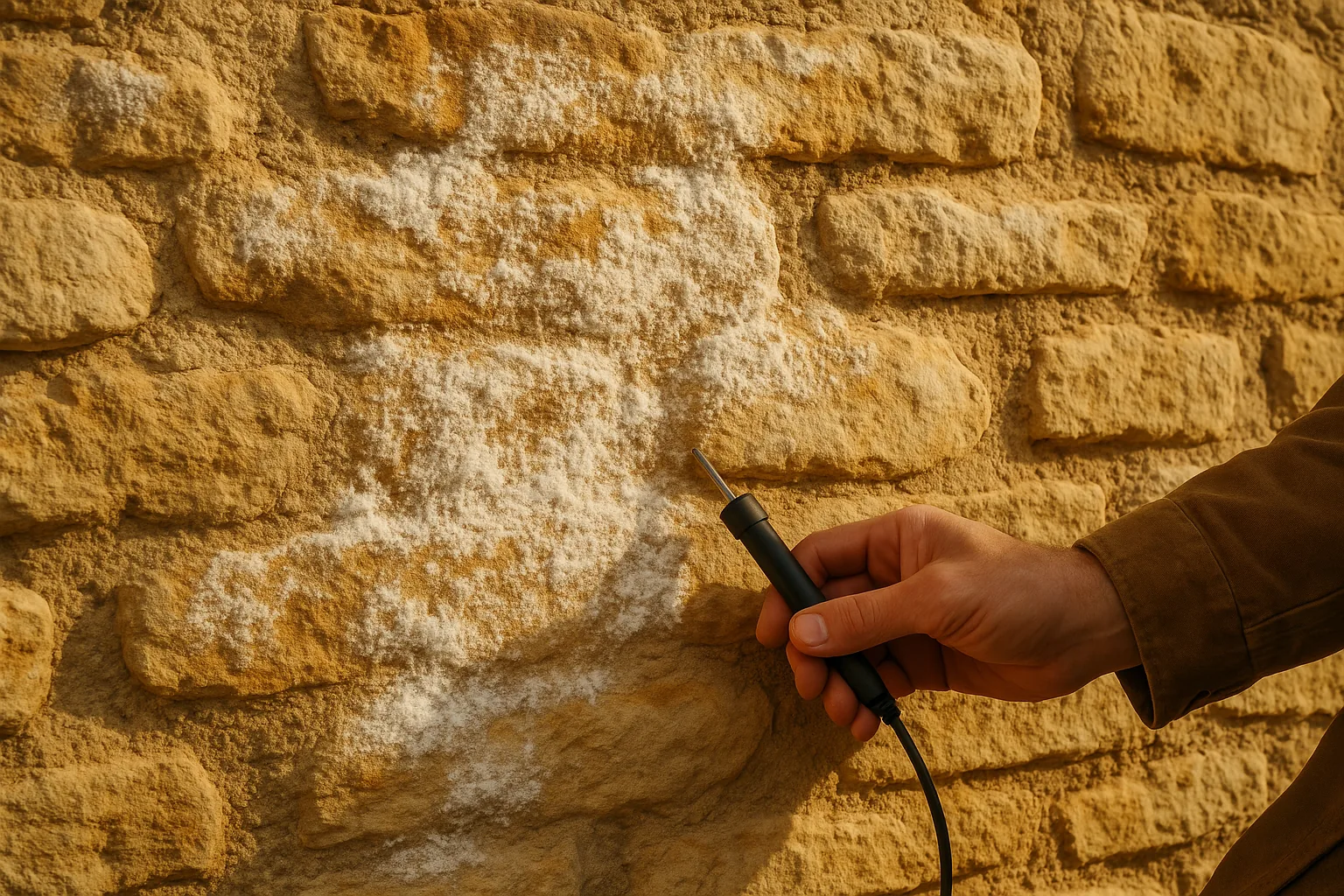 Mur en pierre avec salpêtre blanc, expertise Simplest Services