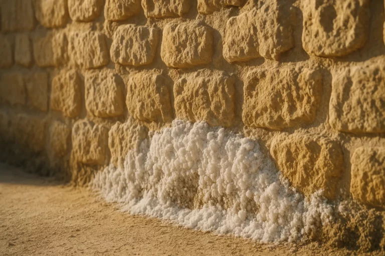 Cristaux de salpêtre blanc au pied d'un mur en pierre dans une maison provençale