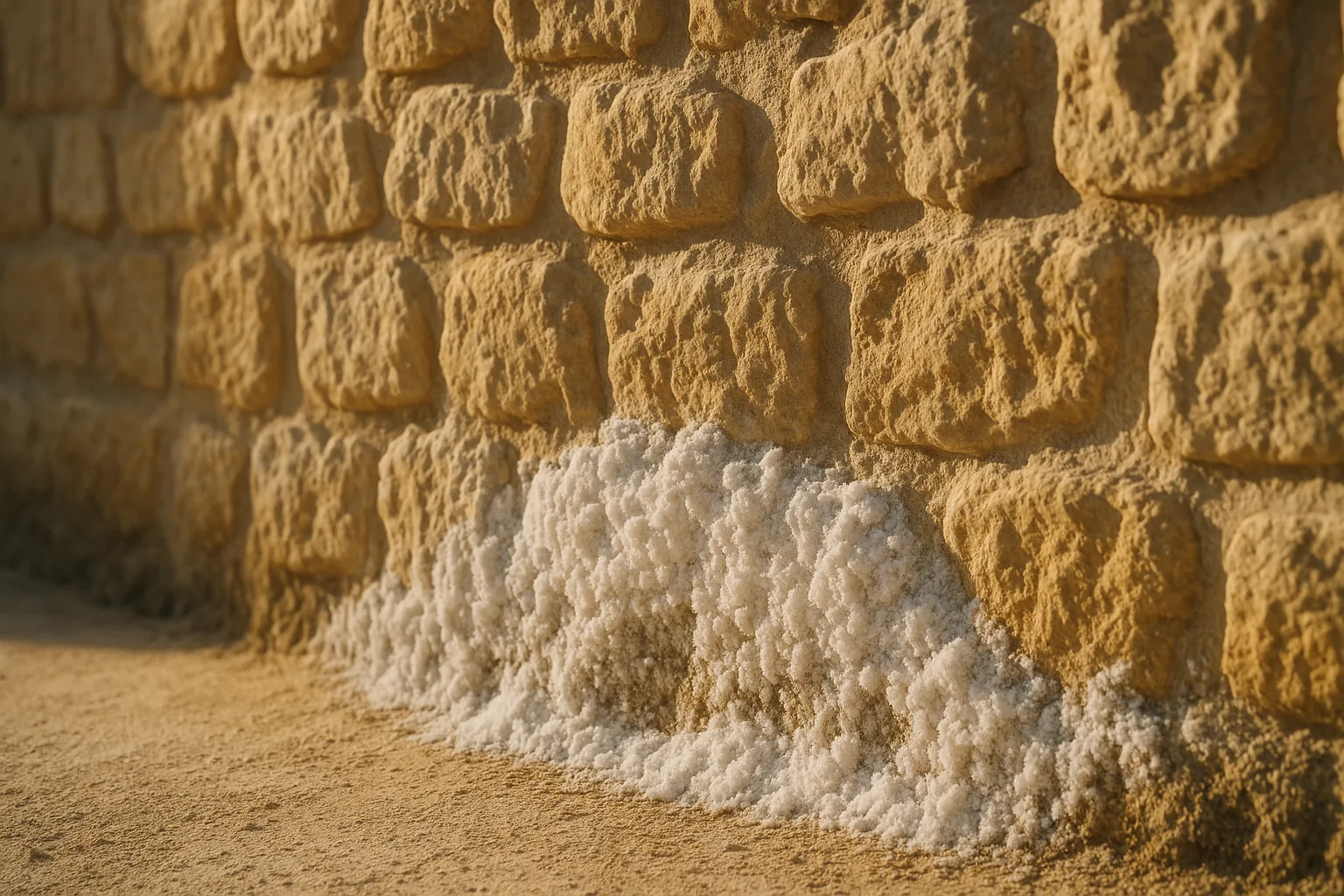 Cristaux de salpêtre blanc au pied d'un mur en pierre dans une maison provençale
