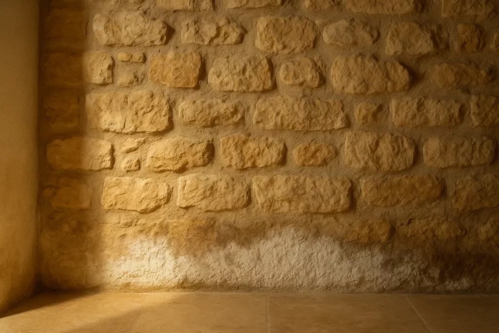 Détail d'un mur intérieur attaqué par le salpêtre dans une maison provençale