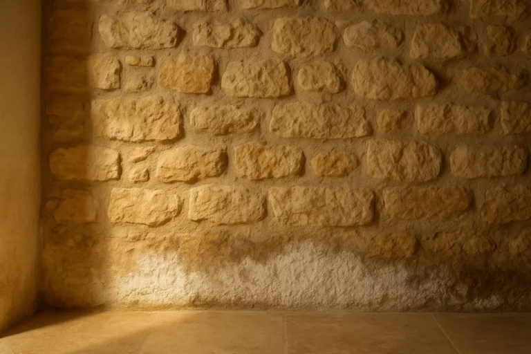 Détail d'un mur intérieur attaqué par le salpêtre dans une maison provençale