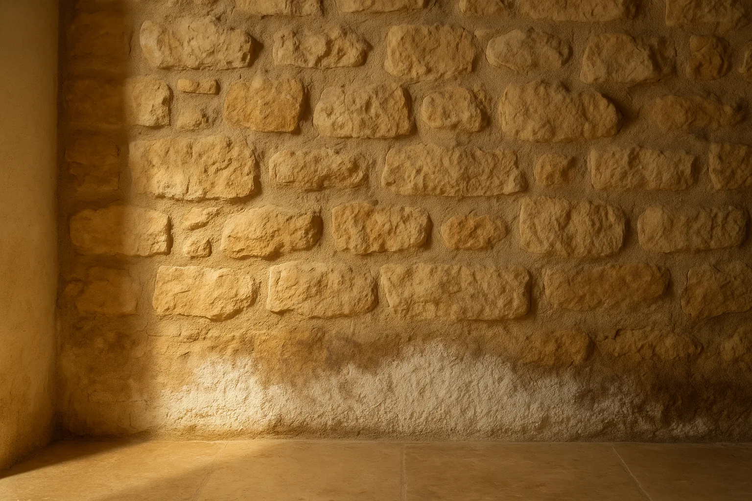 Détail d'un mur intérieur attaqué par le salpêtre dans une maison provençale