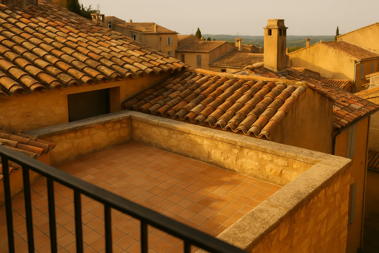 Vue d'une terrasse tropézienne intégrée dans un toit de tuiles en terre cuite, Bouches-du-Rhône