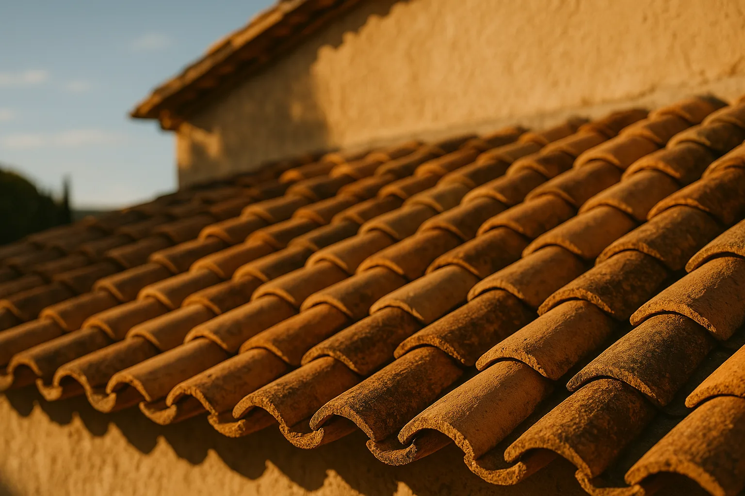 Toiture en tuiles terre cuite provençale, gros plan éditorial