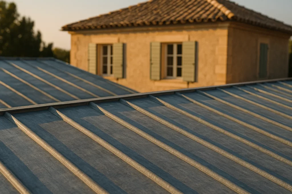 Detail architectural d une toiture en zinc joint debout avec patine bleu-gris naturelle sous lumiere mediterraneenne