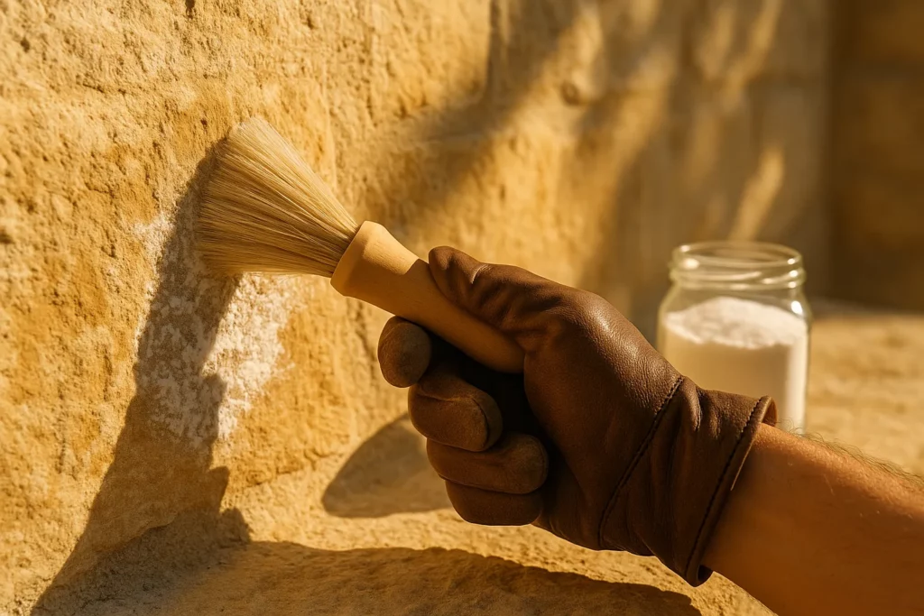 Main gantée brossant des cristaux blancs de salpêtre sur un mur en pierre calcaire provençale, avec pot de bicarbonate en arrière-plan