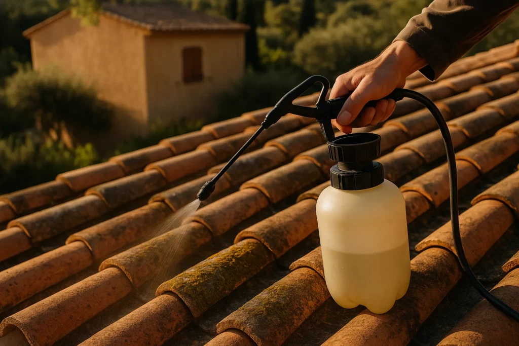 Pulvérisation d'un traitement anti-mousse sur toiture en tuile canal en Provence