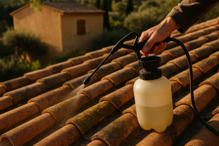 Pulvérisation d'un traitement anti-mousse sur toiture en tuile canal en Provence