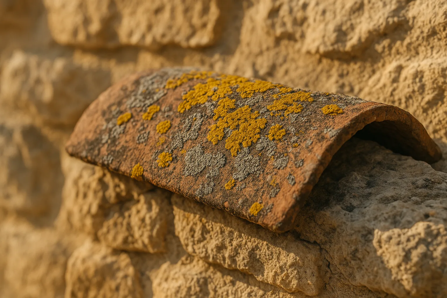 Plaques de lichen jaune et gris incrustées sur une tuile de toiture exposée