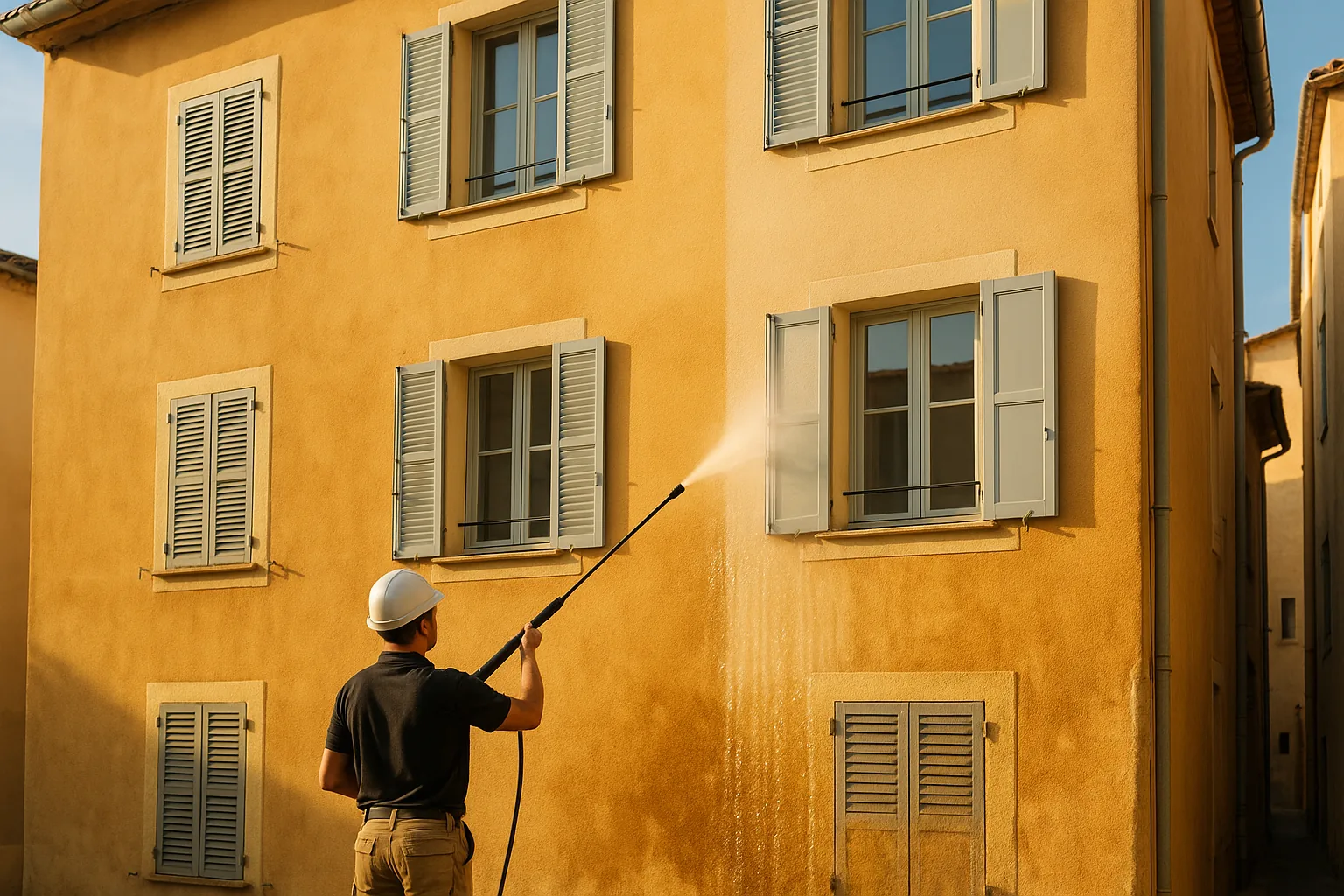 Nettoyage de facade d'immeuble a pression adaptee au support