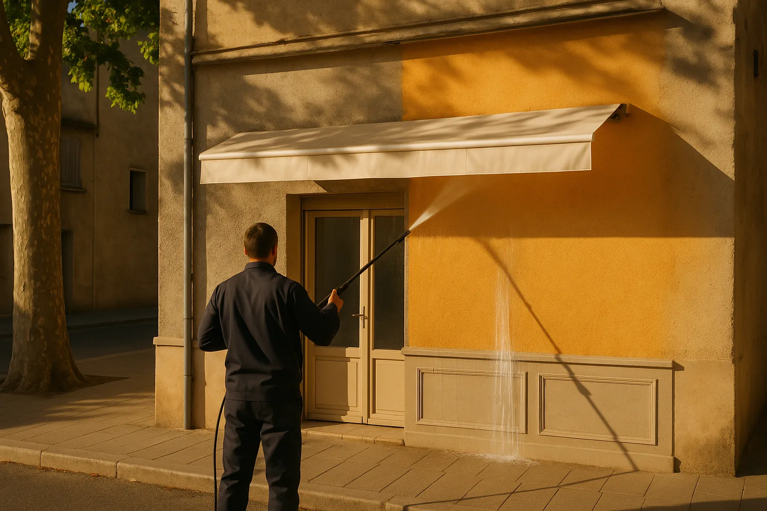 Nettoyage basse pression de la façade enduite d'un commerce en centre-ville