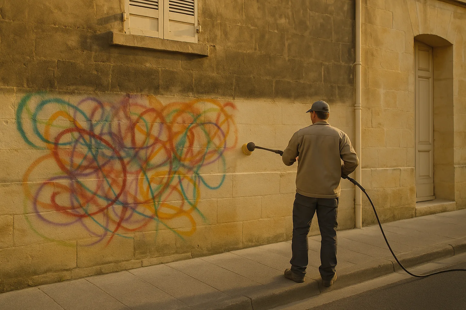 Effacement d'un graffiti sur le bas de façade d'un commerce à la brosse et à la basse pression