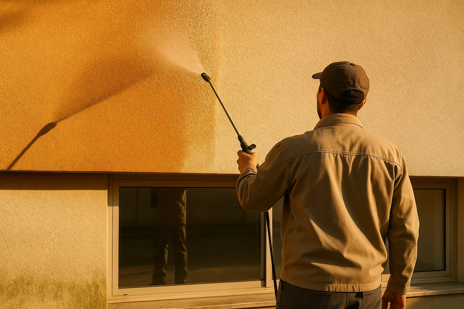 Application d'un hydrofuge incolore au pulvérisateur sur la façade d'un local commercial