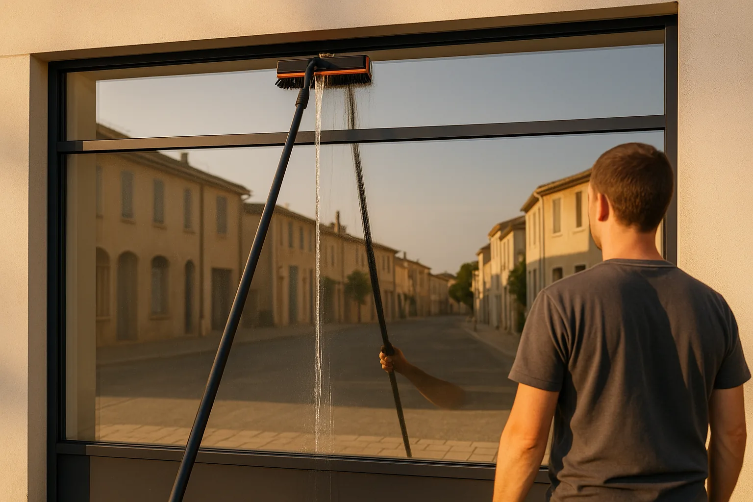Nettoyage d'une vitrine de commerce à la perche télescopique et à l'eau pure