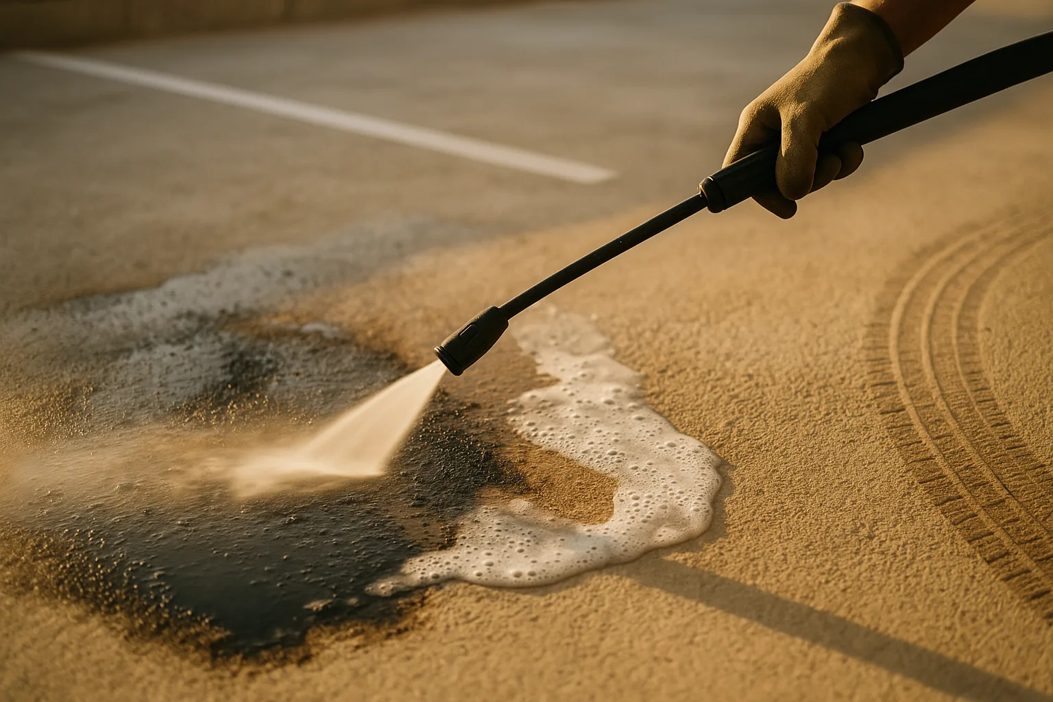 Dégraissage d'une tache d'hydrocarbures sur le sol béton d'une place de parking au jet haute pression