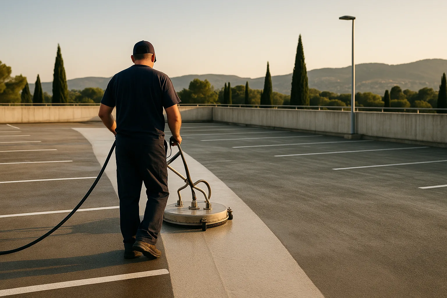 Technicien nettoyant le sol d'un parking extérieur à la monobrosse rotative, marquage au sol préservé