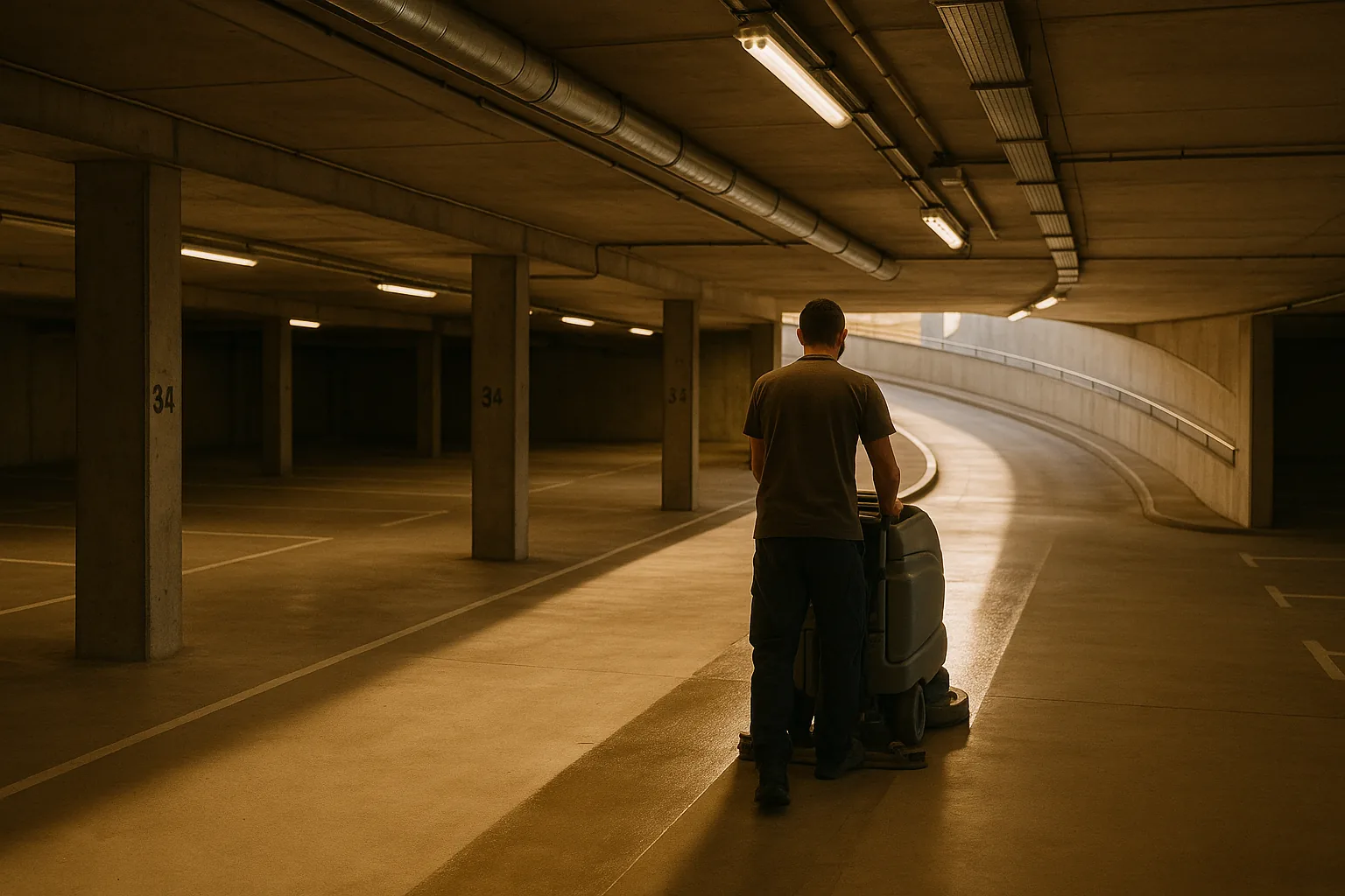 Nettoyage du sol d'un parking souterrain à l'autolaveuse, le long de la rampe d'accès