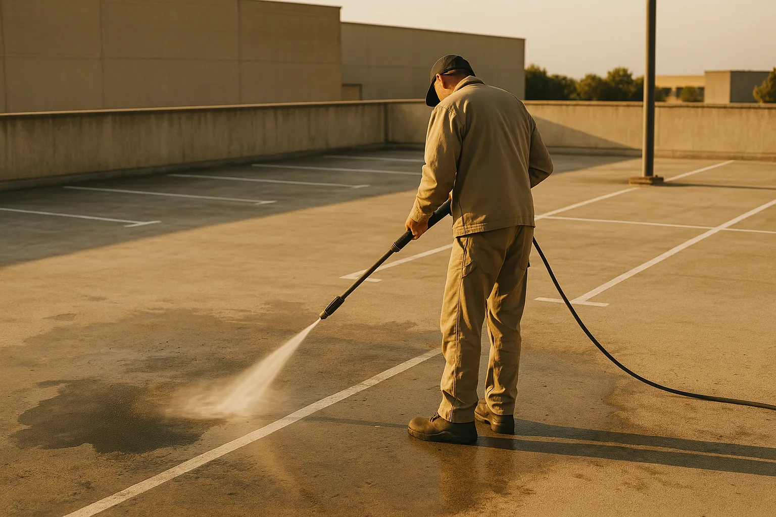 Lavage et degraissage du sol beton d'un parking professionnel